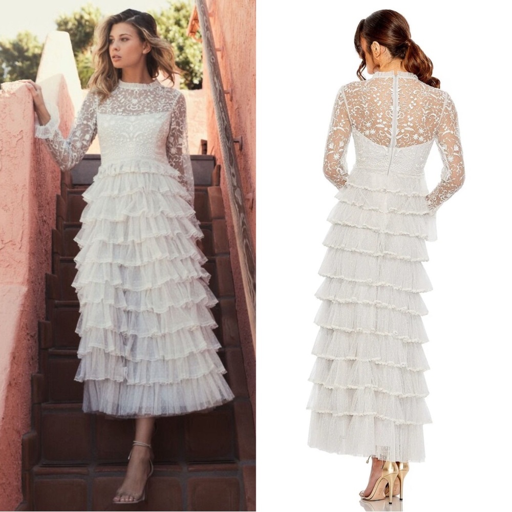 Mac Duggal White Lace Long Sleeve Ruffled Maxi Dress